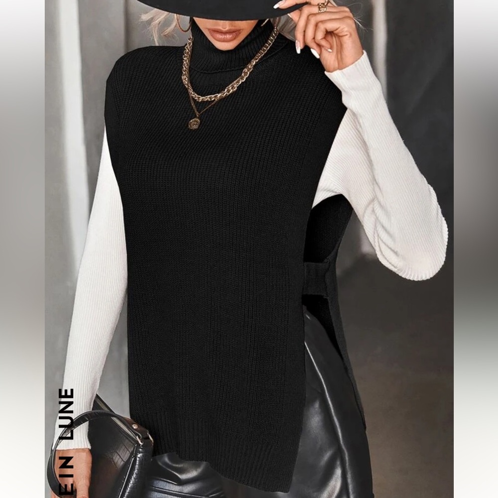 Black Turtleneck Split Hem Sweater Vest